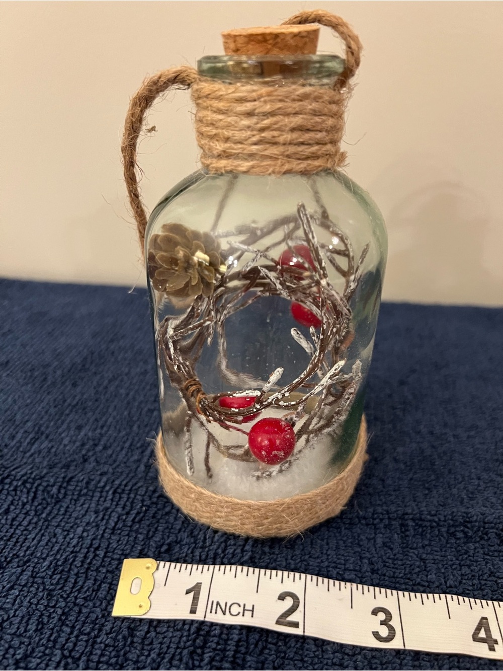 Glass Holiday Bottle Ornament with Red Berries and Snow - NWOT